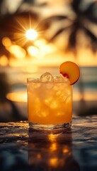 peach margarita iced cocktail in a short glass on the beach
