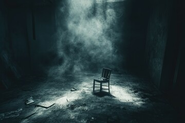Dusty, abandoned room with single chair, dark, moody atmosphere.