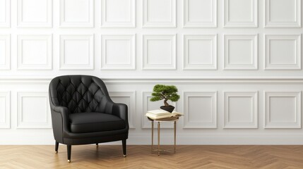 Elegant Black Armchair with Bonsai Tree Against White Panel Wall