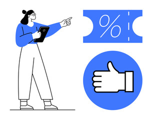 Woman holding tablet, pointing to discount voucher and thumbs up icon. Ideal for business, marketing, promotions, discounts, feedback, customer satisfaction e-commerce. Abstract line flat metaphor