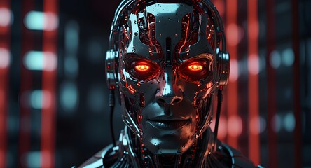 A chrome-plated robot with glowing red eyes and exposed circuits, surrounded by holographic screens, exudes a menacing presence.  