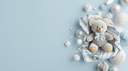 Obraz premium 3D Teddy Bear Surrounded by Shiny Wrapping Paper and Decorative Elements for Celebration