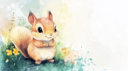 Adorable cartoon squirrel smiling softly near colorful watercolor flowers
