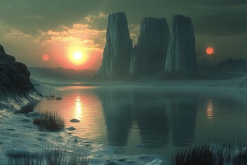 Fototapeta premium Emerald Dusk: Twin Suns Over Surreal Cliffs for Cinematic Branding