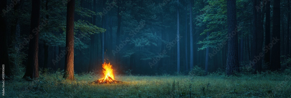 Poster solitary campfire glowing in a dark forest clearing on a quiet night surrounded by tall trees genera