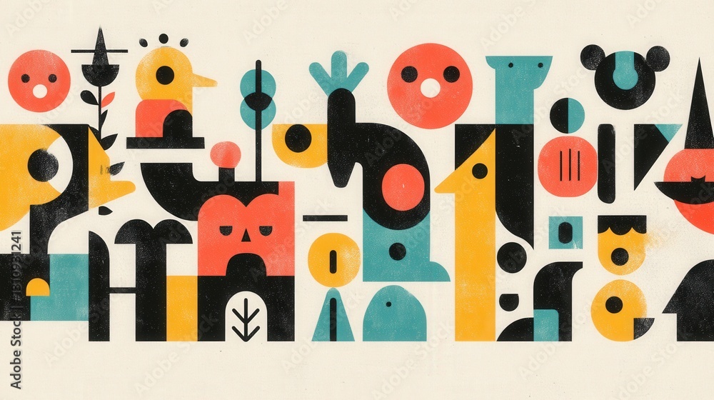 Poster a vibrant collection of abstract shapes and figures in bold colors, featuring playful characters and