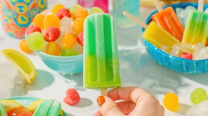 Hand holding colorful popsicle, fruits in the background