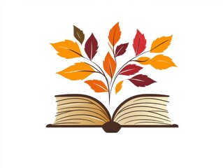 An open book with scattered autumn leaves suggests the isolated beauty of literature and learning