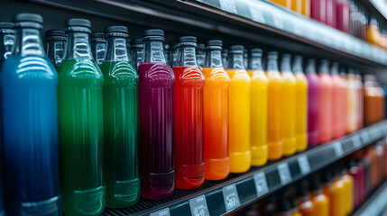 Vibrant beverage selection refreshing supermarket aisle product display close-up