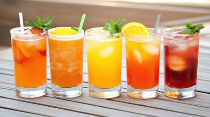 A Vibrant Display of Refreshing Summer Cocktails on a Wooden Table: An Ode to Colorful Drinks with Citrus and Mint Garnishes.