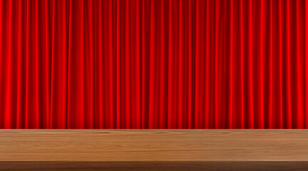 An empty wooden table stands out against a red curtain background. © pornchai