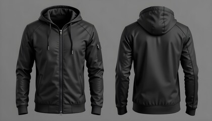 Men's Black Hooded Jacket - Stylish Full-Zip Hoodie, Waterproof Outerwear, Modern Design, Comfortable Fit, Casual and Sportswear