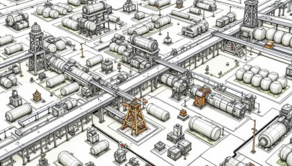Fototapeta premium Industrial operations overview manufacturing facility illustration high-tech environment aerial view engineering concepts