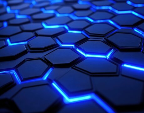 A blue and white hexagonal pattern with blue lights