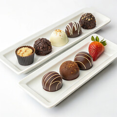 Gourmet Chocolate and Strawberry Dessert on White Plates.