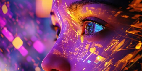 A woman's face is projected onto a screen with a bright orange background