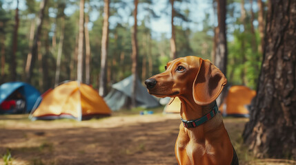 Dachshund dog looking into distance at forest campsite with colorful tents. Adventure travel blogs, pet friendly tourism, outdoor equipment marketing