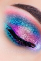 Fototapeta premium Frosted Makeup Featuring Metallic Ice-Blue Eyeshadow and Delicate Icy Glitter Accenting Lips for a Stunning Look in a Beauty Studio Setting