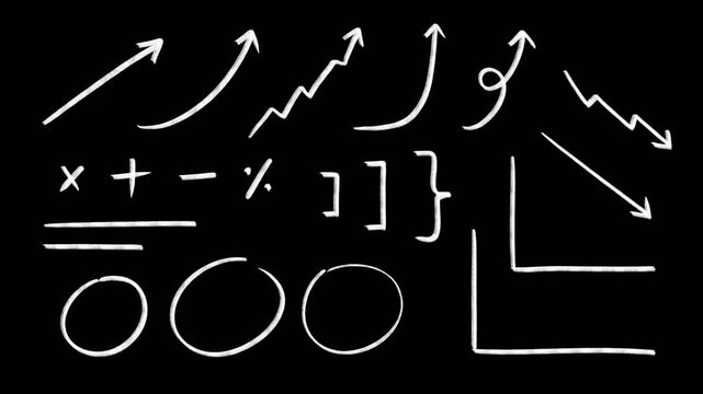 A Set of line art graph customize, circles, arrows, upward, down: Hand-drawn animation of pencil crayon, rough chalk  zigzag, chart line, minus, financial sketching,transparent background, alpha 