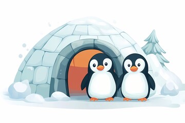 couple penguins celebrating winter with snowy background and igloo. cute flat cartoon character  