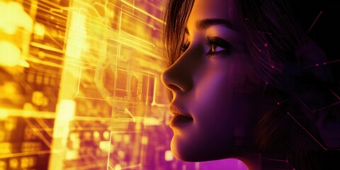 A woman is looking at a computer screen with a yellow background