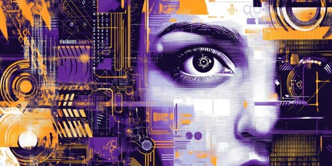 A woman's face is shown in a purple