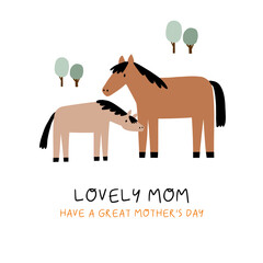 Cute Animals Mom and Baby. Amazing lovely card for Mother's Day. Flat style, vector illustration. Cartoon Horse 