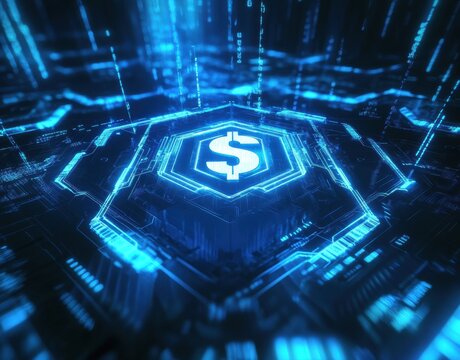 A blue background with a dollar sign in the center