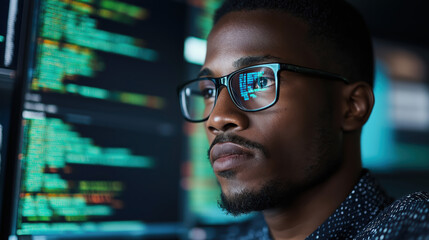 Focused man with glasses analyzing code on computer screens. Technology professional