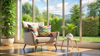 Fototapeta premium Relaxing armchair view overlooking lush greenery, sunlight streams through expansive windows, creating a serene and peaceful atmosphere