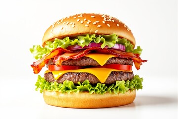 Juicy cheeseburger with bacon, lettuce, tomato, and onion on a sesame seed bun placed on a light background.