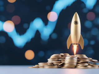 golden rocket launching from pile of coins symbolizes financial growth and investment opportunities. background features rising graph, enhancing theme of success