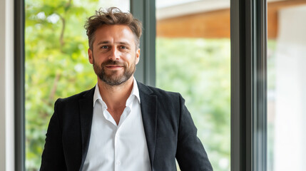 Fototapeta premium Man in a white shirt and dark blazer standing near a window. Professional business theme
