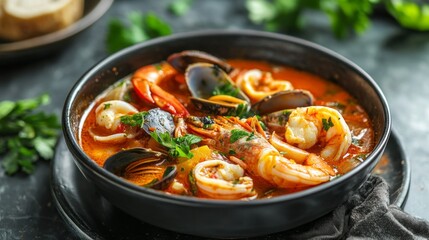 Savory seafood soup brimming with fresh shrimp, mussels, and shellfish captures the essence of Italian cuisine. Enjoy a warm bowl bursting with flavor and texture, perfect for food lovers