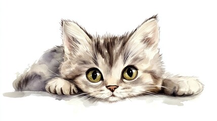 Fototapeta premium A Watercolor Painting Depicting a Cute Resting Fluffy Kitten