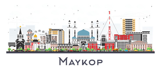 Maykop Russia city skyline with color buildings isolated on white. Maykop cityscape with landmarks. Business travel and tourism concept with modern and historic architecture.