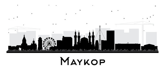 Naklejka premium Maykop Russia city skyline silhouette with black buildings isolated on white. Maykop cityscape with landmarks. Business travel and tourism concept with modern and historic architecture.