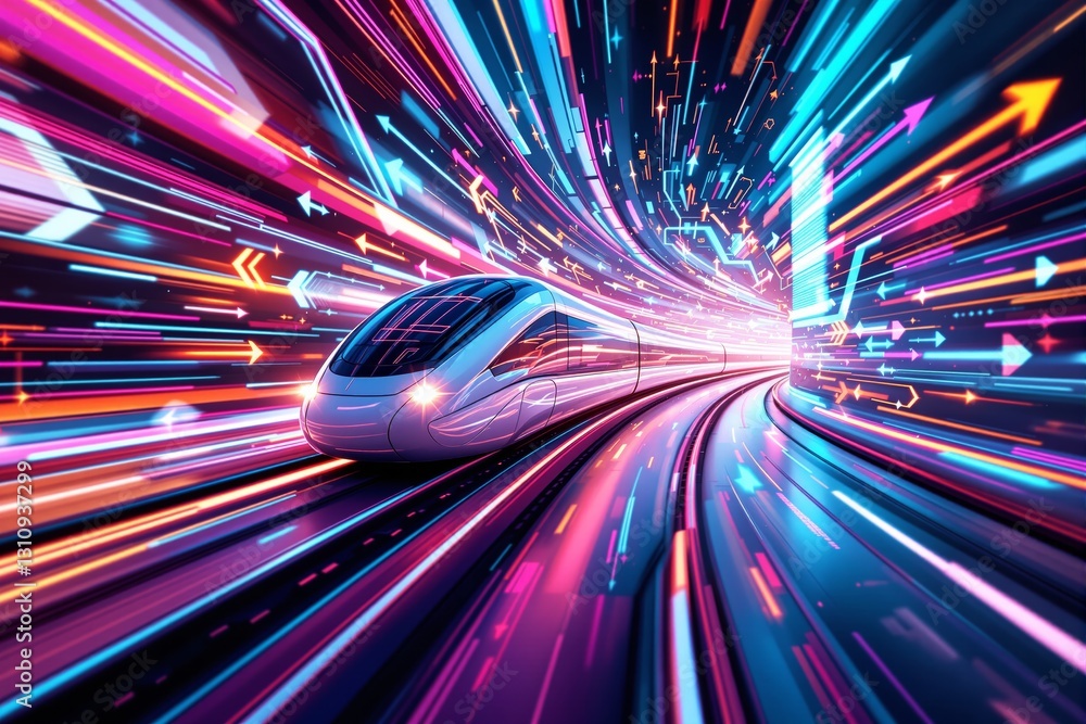 Poster high-speed futuristic train in motion with colorful neon lights and glowing arrows on dark backgroun