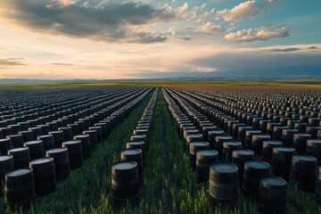 Fototapeta premium Barrels in field at sunset, industrial storage, agriculture background