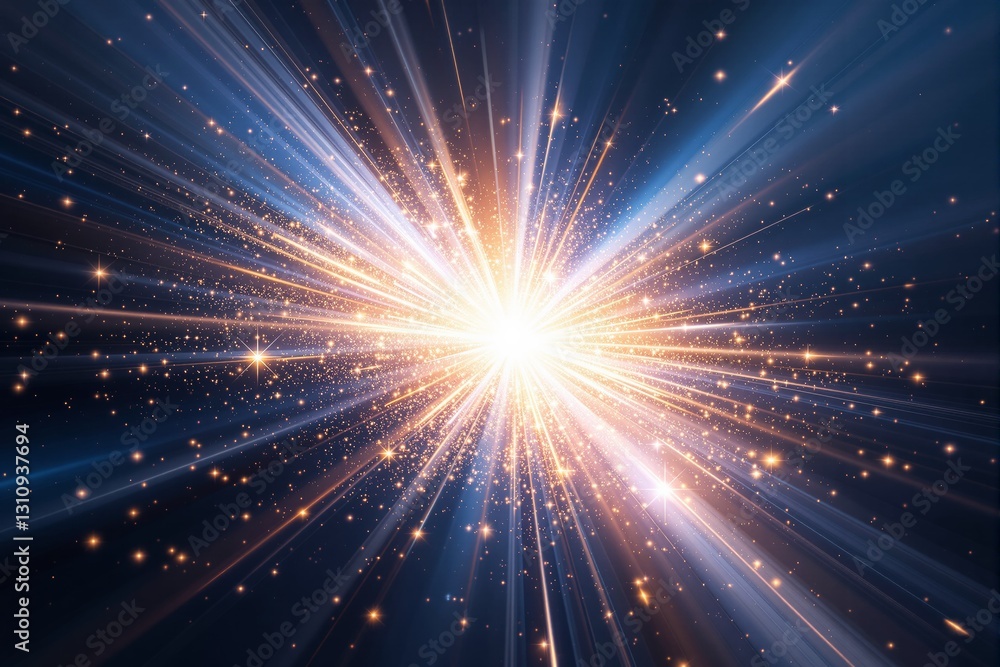 Poster abstract burst of light with glowing particles on dark background.