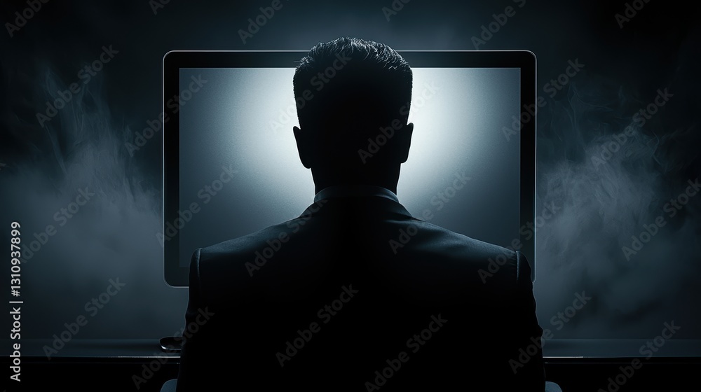 Poster man working on computer, a depiction of modern productivity and digital work