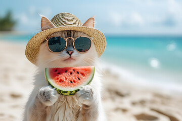cat with watermelon, sunglasses, and hat on beach background. Summer concept.