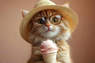 cat with ice cream, sunglasses, and hat on pastel background. Summer concept.