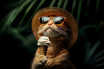 cat with ice cream, sunglasses, and hat. Summer concept.