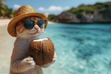 cat with coconut, sunglasses, and hat on beach background. Summer concept.