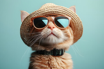cat with sunglasses, and hat on pastel background. Summer concept.