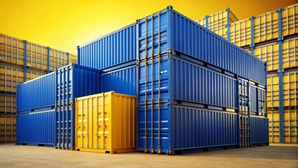 Stack of vibrant blue and yellow shipping containers at a logistics yard under a bright sunny sky