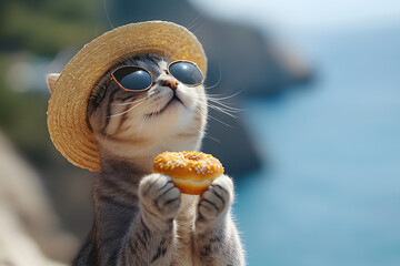cat with doughnut , sunglasses, and hat on beach background. Summer concept.