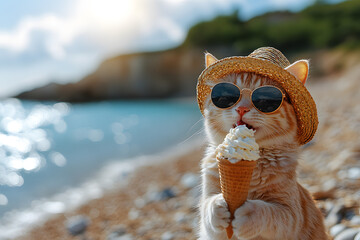 cat with ice cream, sunglasses, and hat on beach background. Summer concept.