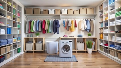 Organized Laundry Room with Modern Washer and Abundant Storage Space